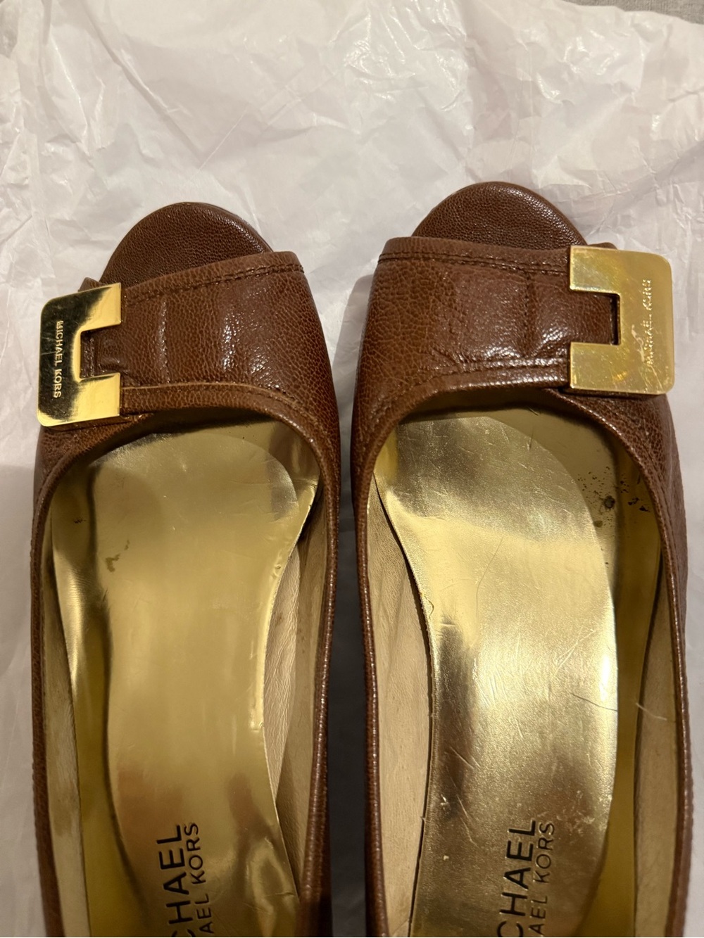 Michael Kors Brown Leather Peep-Toe Heels with Gold Accent